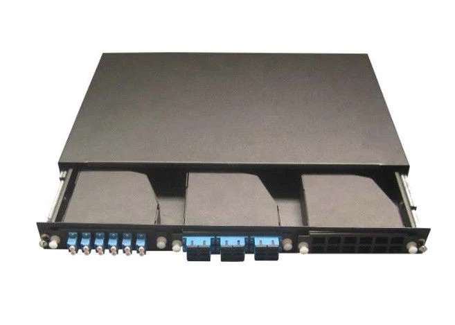 2U rack mount fiber optic patch panel front view with LC adapters
